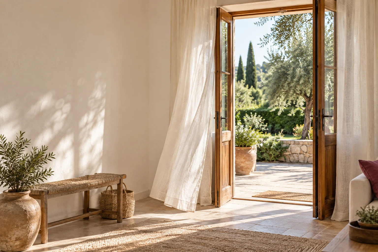Puerta abierta de una casa luminosa hacia un jardín, con cortinas de lino.