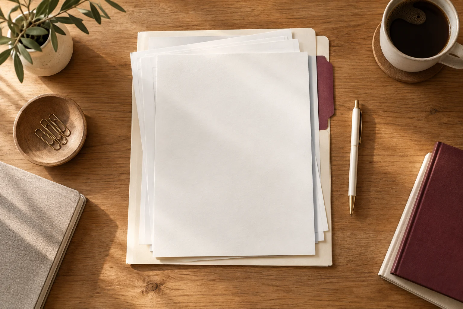 Documentos en blanco organizados en una carpeta con un separador burdeos y un bolígrafo.