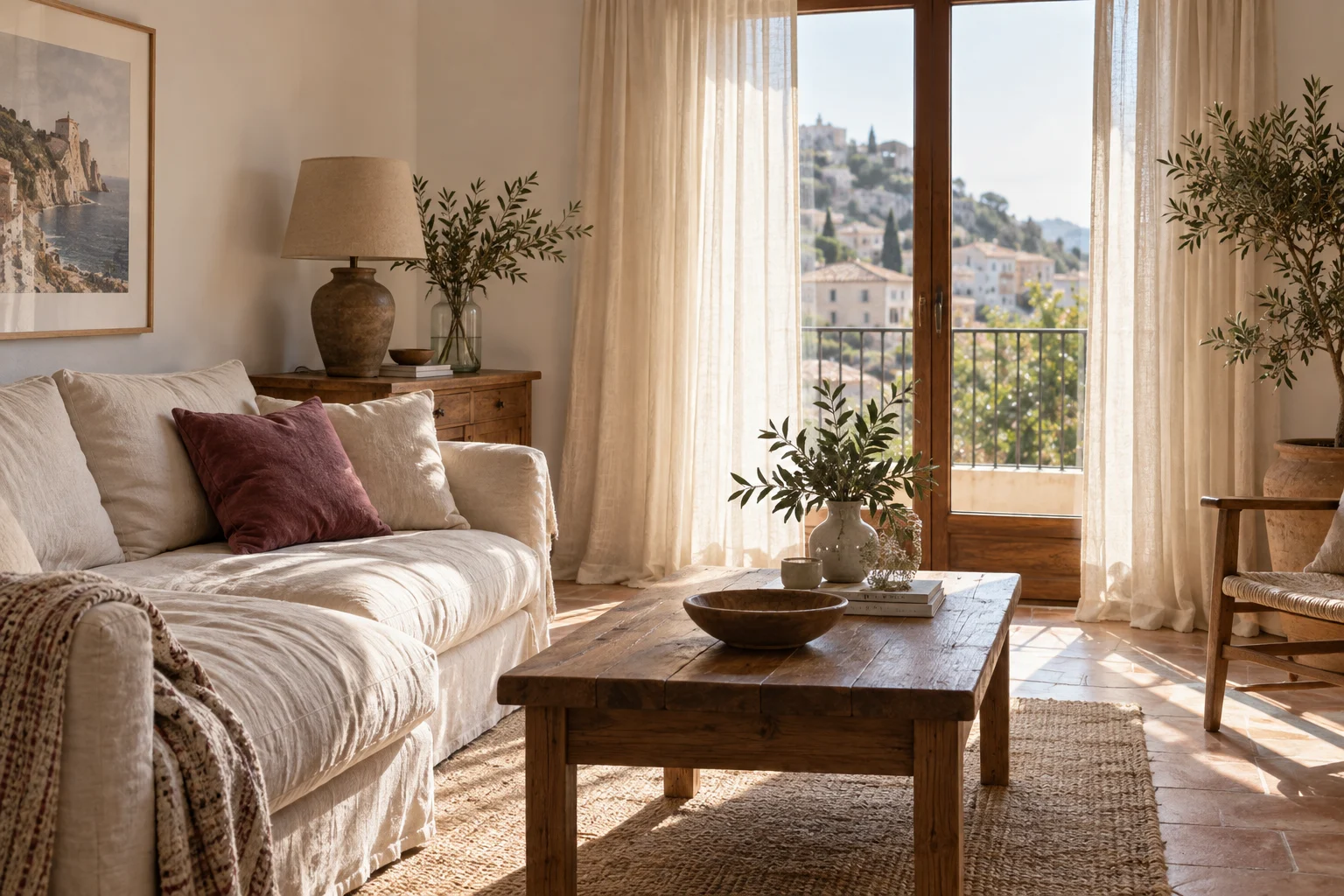 Salón luminoso con sofá de lino, cojín burdeos y muebles de madera.