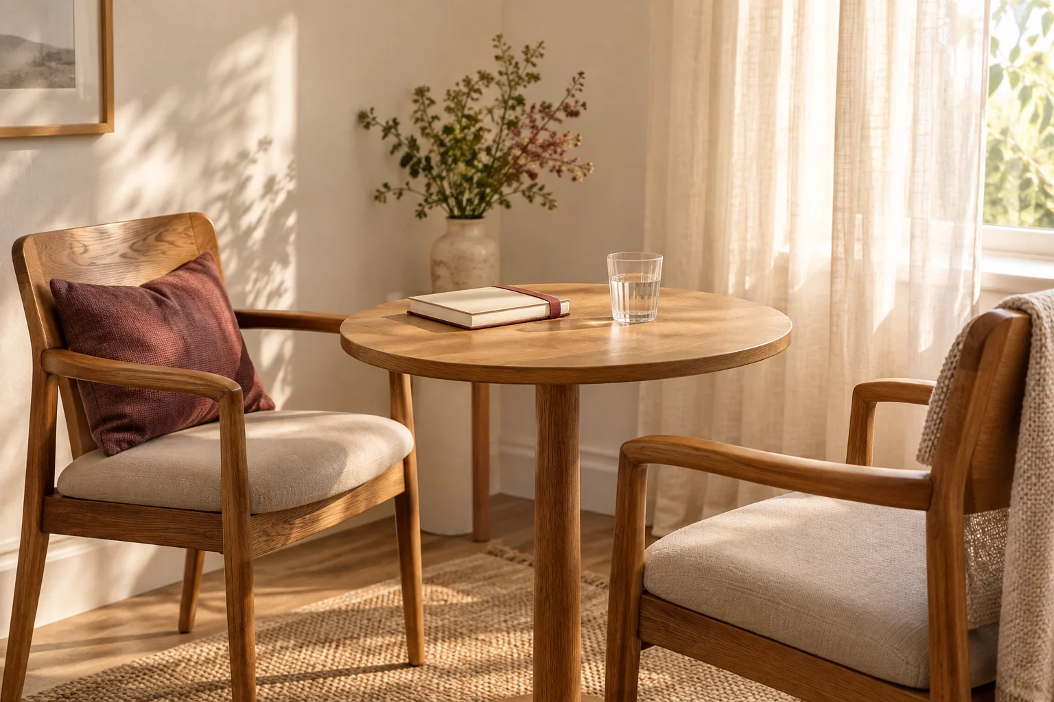 Dos sillas de madera junto a una mesa redonda con un cuaderno y un vaso de agua.