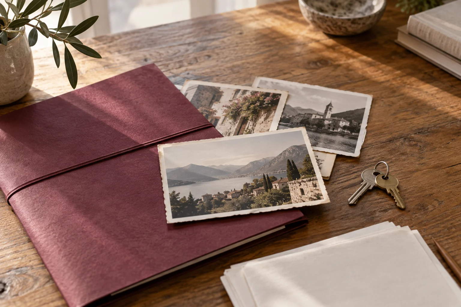 Carpeta burdeos, fotografías antiguas de paisajes y llaves sobre una mesa de madera.