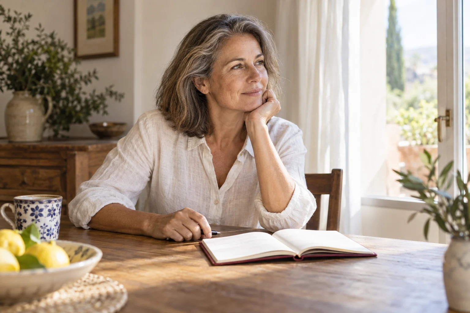 Una mujer reflexiona junto a la ventana con un cuaderno abierto.