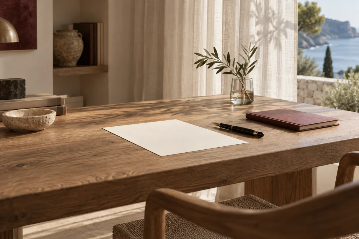 Papel, pluma y cuaderno en un escritorio con luz natural.